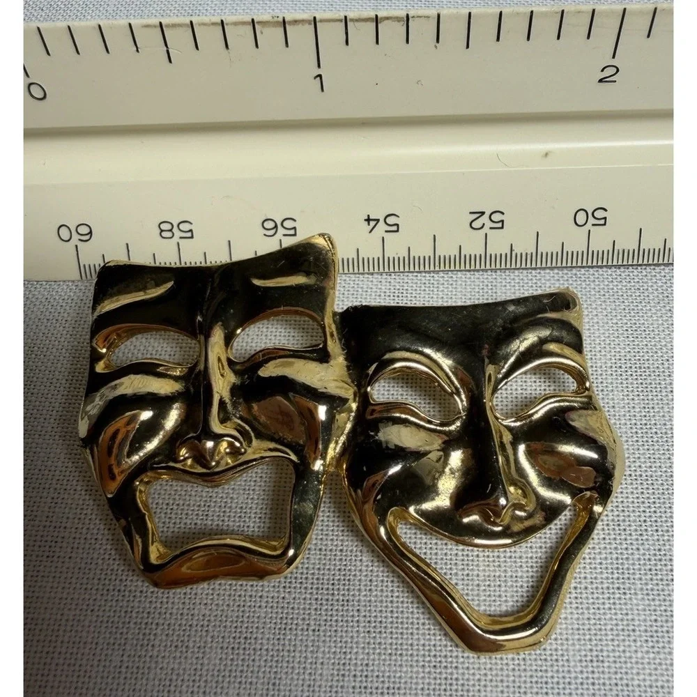 Gold Tone Comedy Tragedy Theater Actor Drama Masks Brooch Pin Vintage‎ Movie